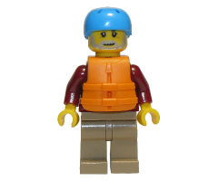 Man, Dark Red Jacket with Bright Light Blue Shirt, Dark Tan Legs, Orange Life Jacket, Dark Azure Sports Helmet, Beard (Rafter)