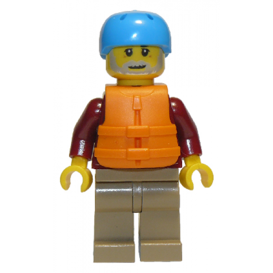 Man, Dark Red Jacket with Bright Light Blue Shirt, Dark Tan Legs, Orange Life Jacket, Dark Azure Sports Helmet, Beard (Rafter)
