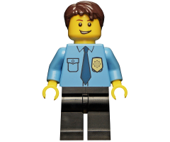 Police - City Shirt with Dark Blue Tie and Gold Badge, Black Legs, Dark Brown Short Tousled Hair