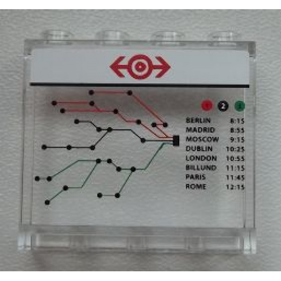 Panel 1 x 4 x 3 with Side Supports - Hollow Studs with Train Map and Schedule on Transparent Background Pattern (Sticker) - Set 60051