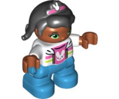 Duplo Figure Lego Ville, Child Girl, Dark Azure Legs, White Jacket and Dark Pink Top with Bunny Pattern, Black Hair and Dark Pink Band with Bunny Pattern