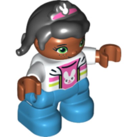 Duplo Figure Lego Ville, Child Girl, Dark Azure Legs, White Jacket and Dark Pink Top with Bunny Pattern, Black Hair and Dark Pink Band with Bunny Pattern