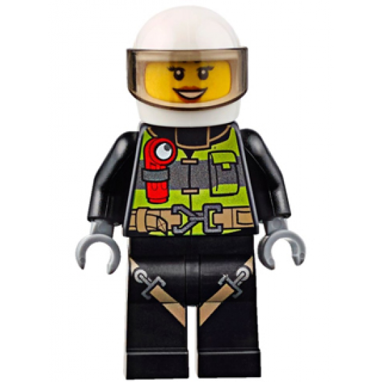 Fire - Reflective Stripes with Utility Belt and Flashlight, White Helmet, Trans-Black Visor, Peach Lips Open Mouth Smile