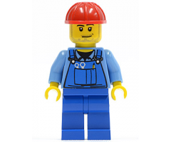 Overalls with Tools in Pocket Blue, Red Construction Helmet, Smirk and Stubble Beard