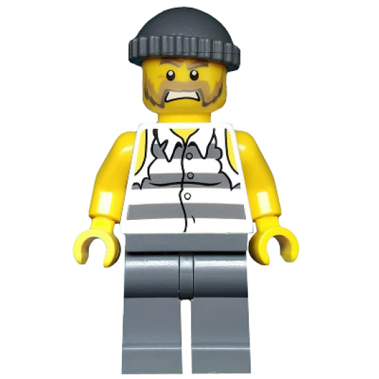 Police - Jail Prisoner Shirt with Prison Stripes and Torn out Sleeves, Dark Bluish Gray Legs, Dark Bluish Gray Knit Cap