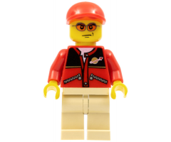Red Jacket with Zipper Pockets and Classic Space Logo, Tan Legs, Red Short Bill Cap