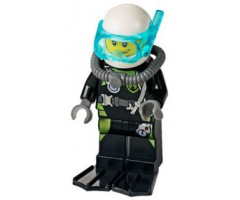 Fire - Scuba Diver, Black Flippers, Dark Bluish Gray Scuba Tank, White Helmet, Trans-Light Blue Scuba Mask