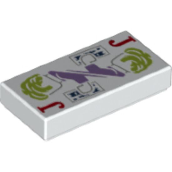 Tile 1 x 2 with Playing Card Joker, Lime and Medium Lavender Joker Character Pattern