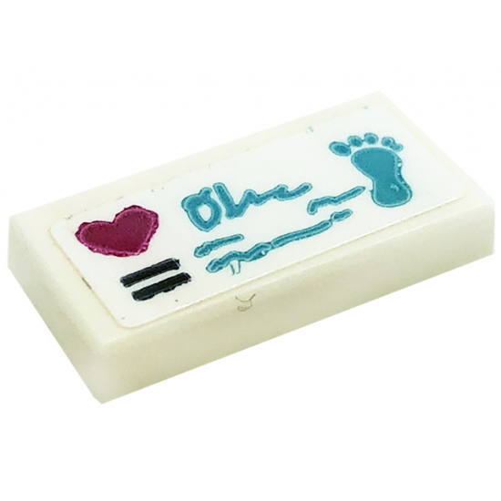 Tile 1 x 2 with Magenta Heart, Black Lines, Medium Azure Cursive Script and Footprint Pattern (Sticker) - Set 41318