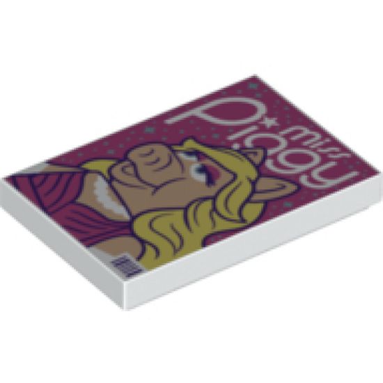 Tile 2 x 3 with Miss Piggy Poster, Metallic Light Blue Stars on Dark Pink Background, Bar Code in Corner Pattern