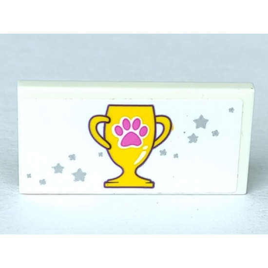 Tile 2 x 4 with Pink Paw Print on Trophy and Silver Stars Pattern (Sticker) - Set 41300