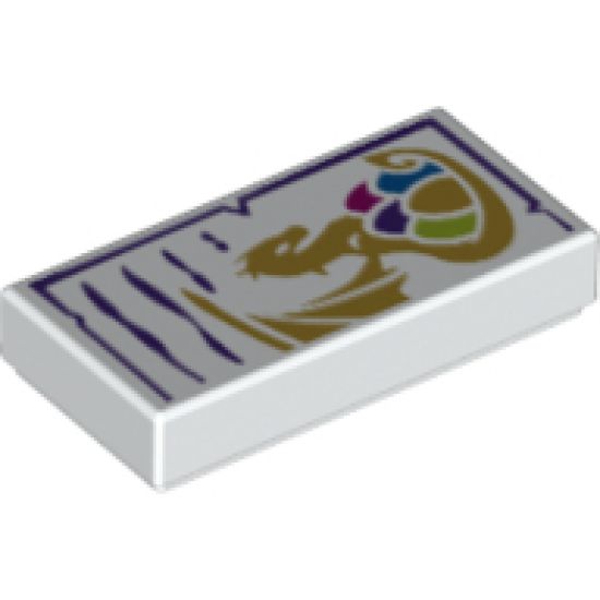 Tile 1 x 2 with Dark Purple Markings and Gold Dragon Holding 5 Colored Eggs Pattern