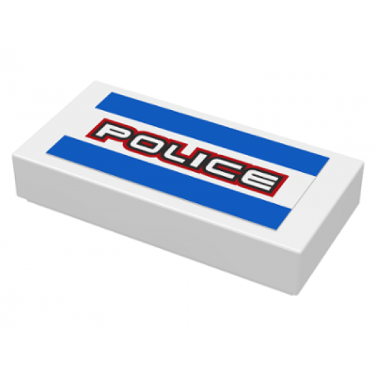 Tile 1 x 2 with Blue Lines and White 'POLICE' with Black and Red Outline Pattern (Sticker) - Set 8301