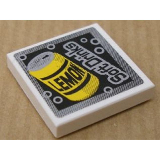 Tile 2 x 2 with 'LEMON' on Yellow Can and 'Soft Drinks' Pattern (Sticker) - Set 8154
