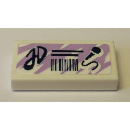 Tile 1 x 2 with Medium Lavender Swirl Background and Black 'JD', Barcode and Microphone Pattern (Sticker) - Set 41342