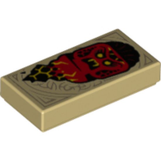 Tile 1 x 2 with Dark Tan Markings and Red Monster Minifigure Head with Yellow Eyes and Fangs Pattern (Nexo Knights Book of Fear)