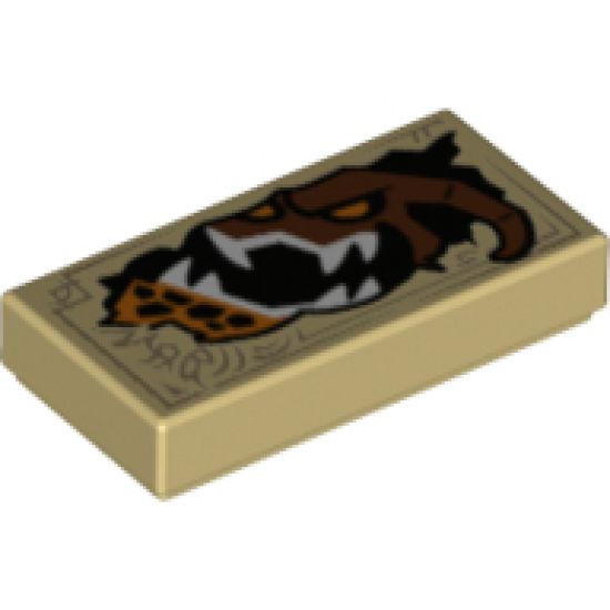 Tile 1 x 2 with Dark Tan Markings and Reddish Brown Monster Head with White Sharp Teeth and Orange Eyes Pattern (Nexo Knights Book of Destruction)