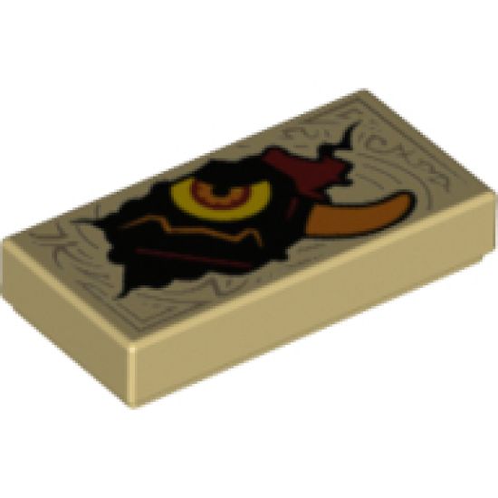 Tile 1 x 2 with Dark Tan Markings and Black Monster Head with Yellow Eye and Orange Horn Pattern (Nexo Knights Book of Evil)