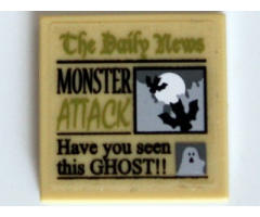 Tile 2 x 2 with Newspaper 'The Daily News', 'MONSTER ATTACK' and 'Have you seen this GHOST!!'  Pattern (Sticker) - Set 10228