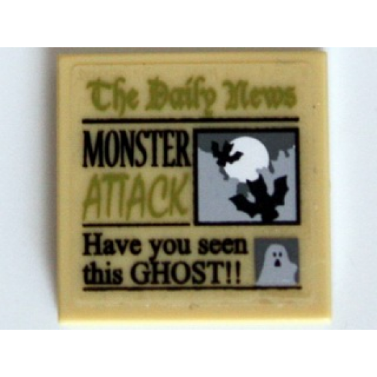 Tile 2 x 2 with Newspaper 'The Daily News', 'MONSTER ATTACK' and 'Have you seen this GHOST!!'  Pattern (Sticker) - Set 10228
