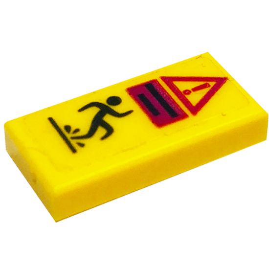 Tile 1 x 2 with Warning Triangle Symbol with Exclamation Mark, Lines and Person Slipping in Water Pattern (Sticker) - Set 41318