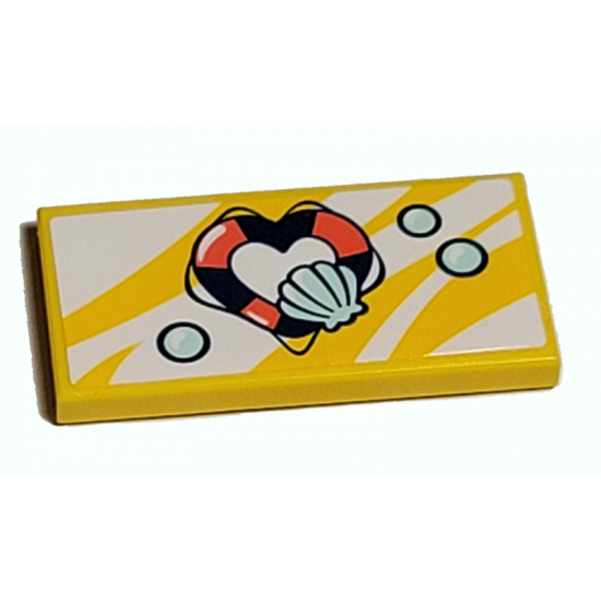 Tile 2 x 4 with Heart-Shaped Life Preserver, Light Aqua Shell and Bubbles Pattern (Sticker) - Set 41380