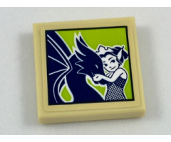 Tile 2 x 2 with Framed Picture of Dark Blue Dragon and Rosalyn Nightshade on Lime Background Pattern (Sticker) - Set 41187