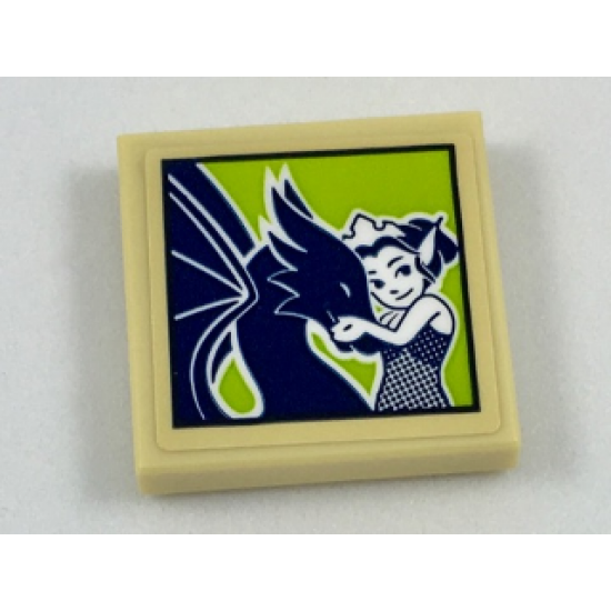 Tile 2 x 2 with Framed Picture of Dark Blue Dragon and Rosalyn Nightshade on Lime Background Pattern (Sticker) - Set 41187