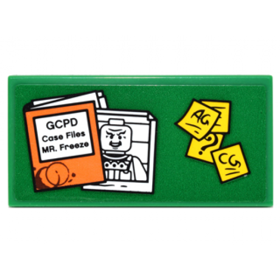 Tile 2 x 4 with Orange Case File with 'GCPD Case Files MR. Freeze', Mugshot and Yellow Notes Pattern (Sticker) - Set 76052