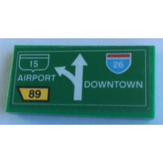 Tile 2 x 4 with Road Sign with 'AIRPORT', 'DOWNTOWN', Arrow, '15', '26' and '89' Pattern (Sticker) - Set 76057