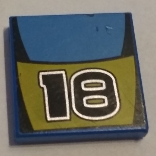 Tile 2 x 2 with Number 18 and Medium Blue / Yellow Stripes Pattern