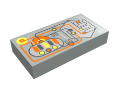 Tile 1 x 2 with Silver, Orange, Yellow, Black Circuitry Pattern