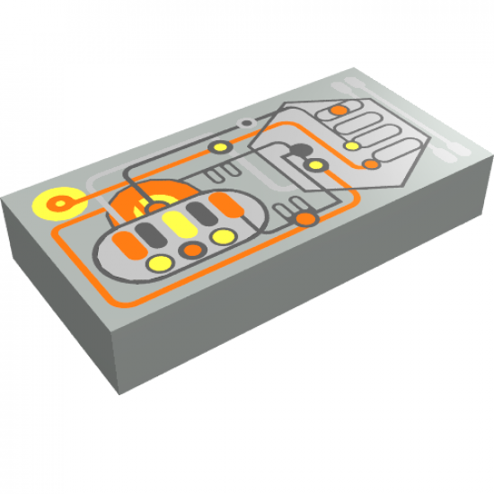 Tile 1 x 2 with Silver, Orange, Yellow, Black Circuitry Pattern