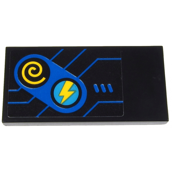 Tile 2 x 4 with Blue Game Controls with Yellow Lightning Bolt and Spiral Buttons and Blue Lines on Black Background Pattern (Sticker) - Set 71711