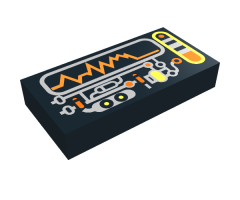 Tile 1 x 2 with Silver, Orange, Yellow Circuitry & Display Pattern