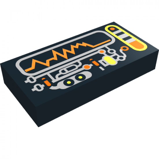 Tile 1 x 2 with Silver, Orange, Yellow Circuitry & Display Pattern