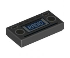 Tile 1 x 2 with Light Blue 'RADIO' and Silver Buttons Pattern