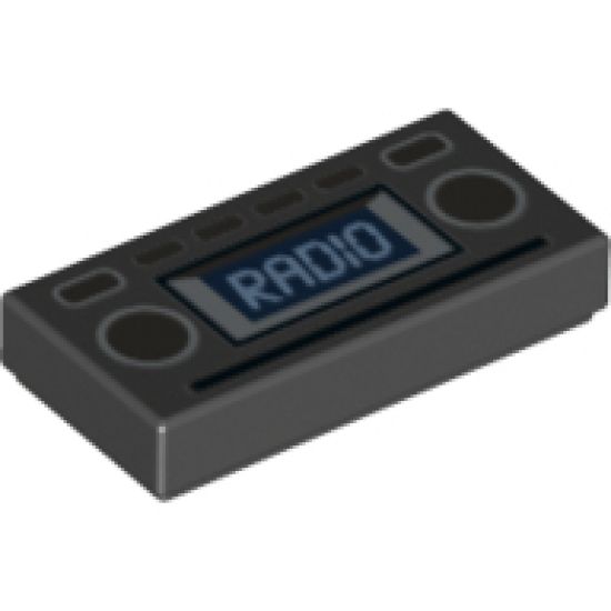 Tile 1 x 2 with Light Blue 'RADIO' and Silver Buttons Pattern