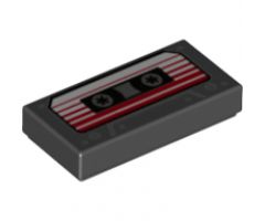 Tile 1 x 2 with Audio Cassette, White Label with Red Stripes Pattern