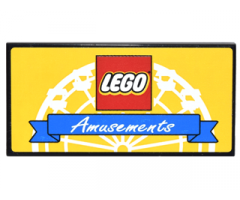 Tile 2 x 4 with LEGO Logo and Blue Ribbon with White 'Amusements' on Yellow Background with White Ferris Wheel Pattern (Sticker) - Set 10244