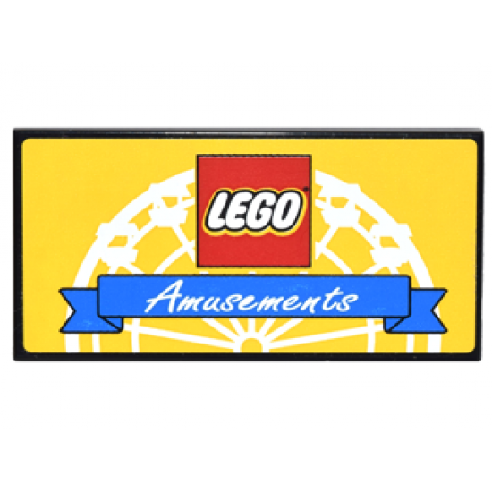 Tile 2 x 4 with LEGO Logo and Blue Ribbon with White 'Amusements' on Yellow Background with White Ferris Wheel Pattern (Sticker) - Set 10244