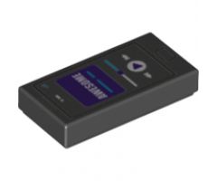 Tile 1 x 2 with Cell Phone / Smartphone with Purple Screen, White 'AWESOME' Pattern