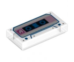 Tile 1 x 2 with Audio Cassette with White Letter A, Bright Pink Stripe, and Blue Trim Pattern