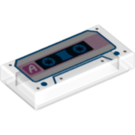 Tile 1 x 2 with Audio Cassette with White Letter A, Bright Pink Stripe, and Blue Trim Pattern