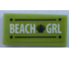 Tile 1 x 2 with White 'BEACH GRL', Black Shell, Lines, and Dots Pattern (Sticker) - Set 41316