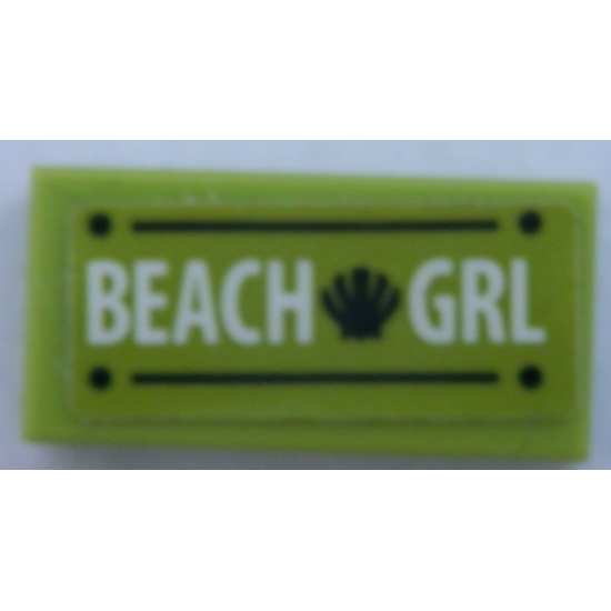 Tile 1 x 2 with White 'BEACH GRL', Black Shell, Lines, and Dots Pattern (Sticker) - Set 41316