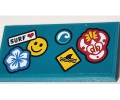 Tile 2 x 4 with Flower, Smiley Face, Tribal Mask, Wave, Shark Fin, and 'SURF' with Heart Pattern (Sticker) - Set 60257