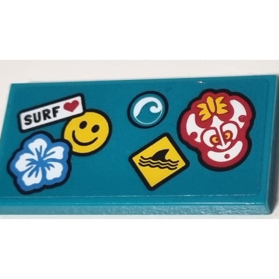 Tile 2 x 4 with Flower, Smiley Face, Tribal Mask, Wave, Shark Fin, and 'SURF' with Heart Pattern (Sticker) - Set 60257