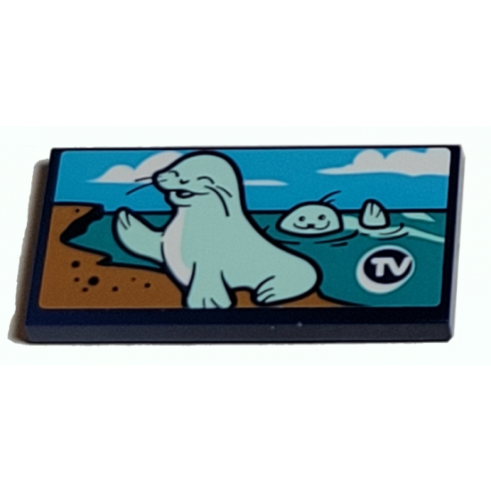 Tile 2 x 4 with Waving Seals and 'TV' in Circle Pattern (Sticker) - Set 41380