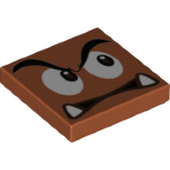 Tile 2 x 2 with Black Eyebrows, Dark Brown and White Eyes Looking Left, Neutral Mouth with Bottom Fangs Pattern (Super Mario Goomba Face)